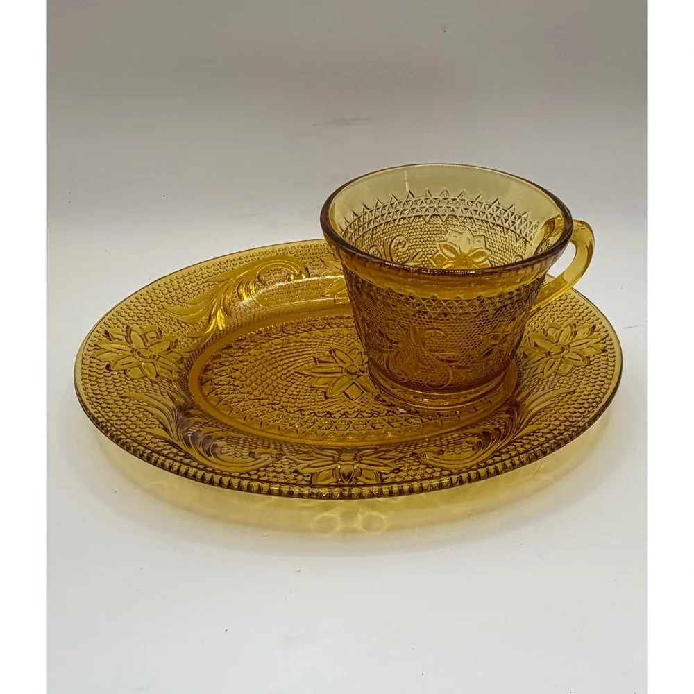 Tiara Indiana Glass Sandwich Amber Snack Set Tea Cup Plate Vintage Amber Gold